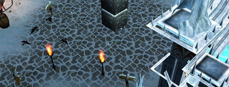 The outpost of Devias Wasteland: a cobbled plaza with torches in the snow