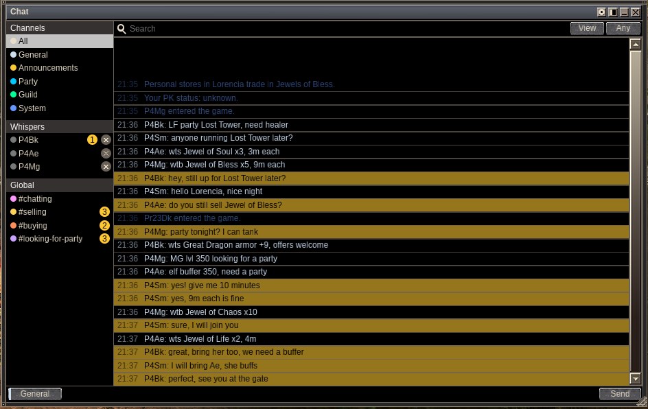 The chat window on All: channels, whispers and the four Global channels on the left, and lines from several players, with unread counts