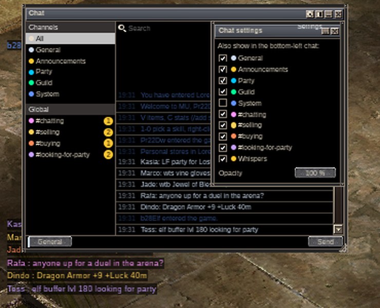 The Chat settings box: a tick for each channel and the window's opacity
