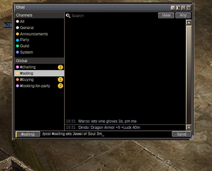 A post being typed in the chat window's line: /post #selling wts Jewel of Soul 3m