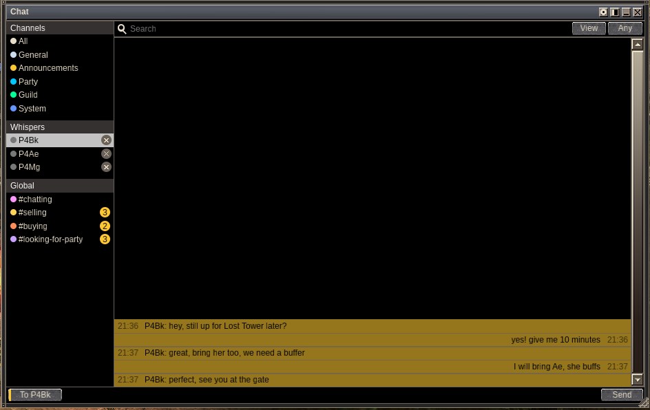 A whisper conversation with P4Bk in the chat window: their lines on the left, yours on the right
