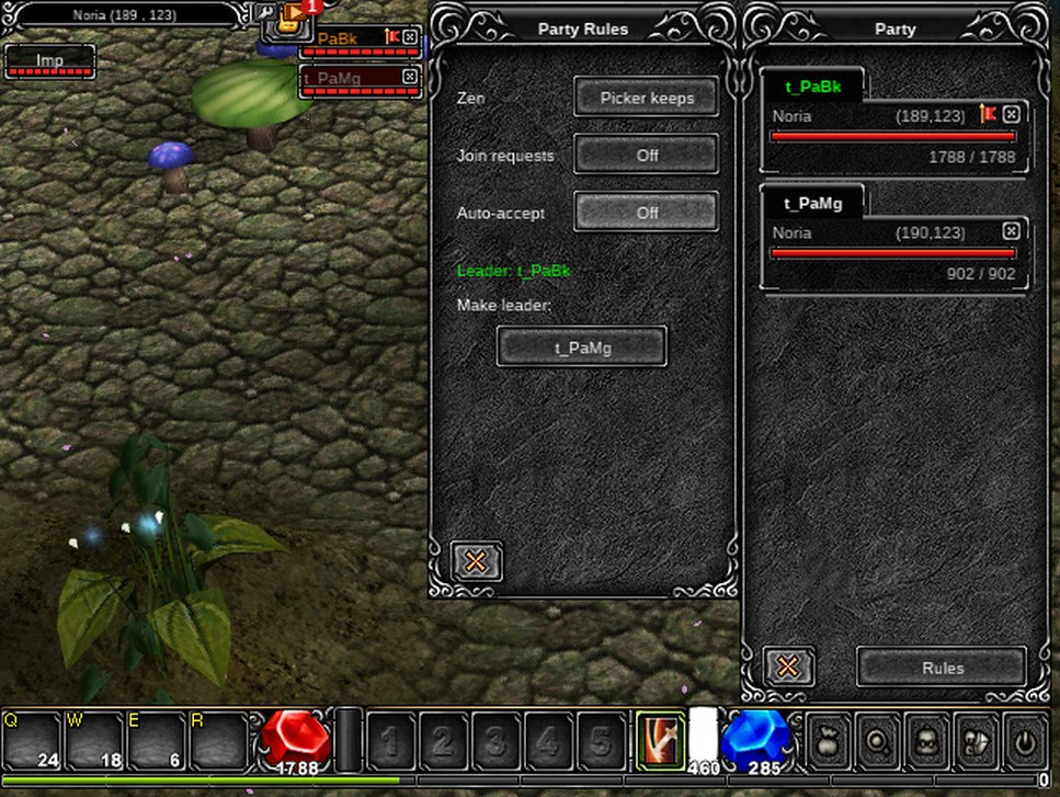 The Party Rules window beside the party window of a two-member party: Zen, Join requests and Auto-accept, the leader, and a Make leader button