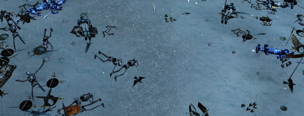 The old battlefield: fallen armour, broken shields, swords and dead guards lying in the snow