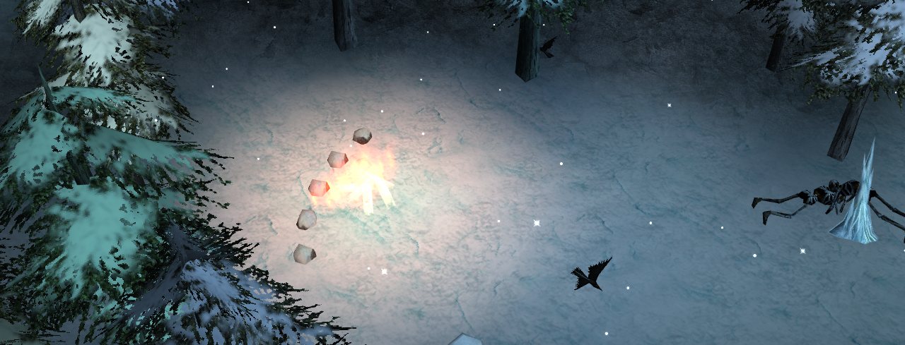 A campfire in a clearing of snowy pines, with bones and an ice spike