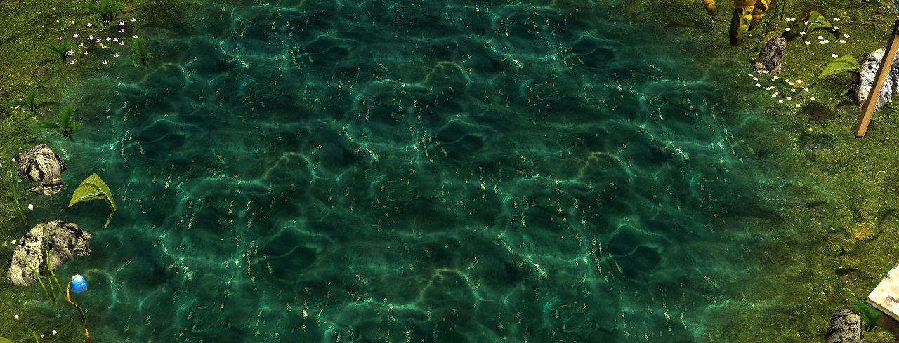 A dark green pond on Promiseland with reeds, flowers and stones on its shore