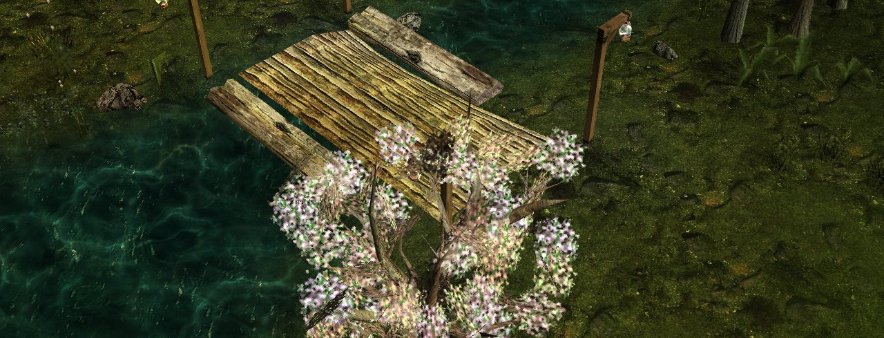 A planked deck over the water with lanterns at its ends and a blossom tree beside it