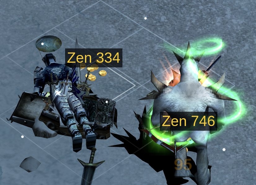 Two piles of zen on the snow after a kill in Devias, each labelled with its amount