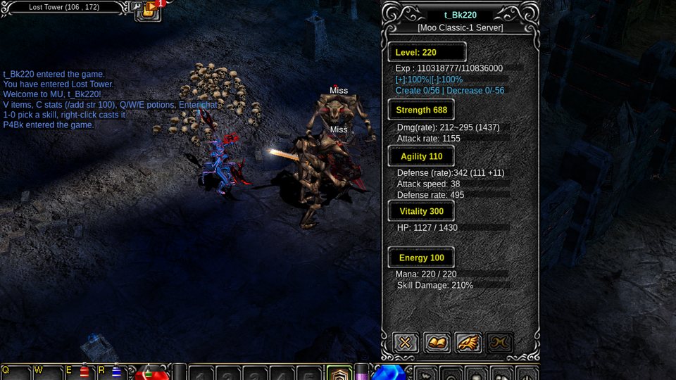 The character window (C): the Strength row shows attack damage with the attack rate in brackets, and the attack rate against players under it